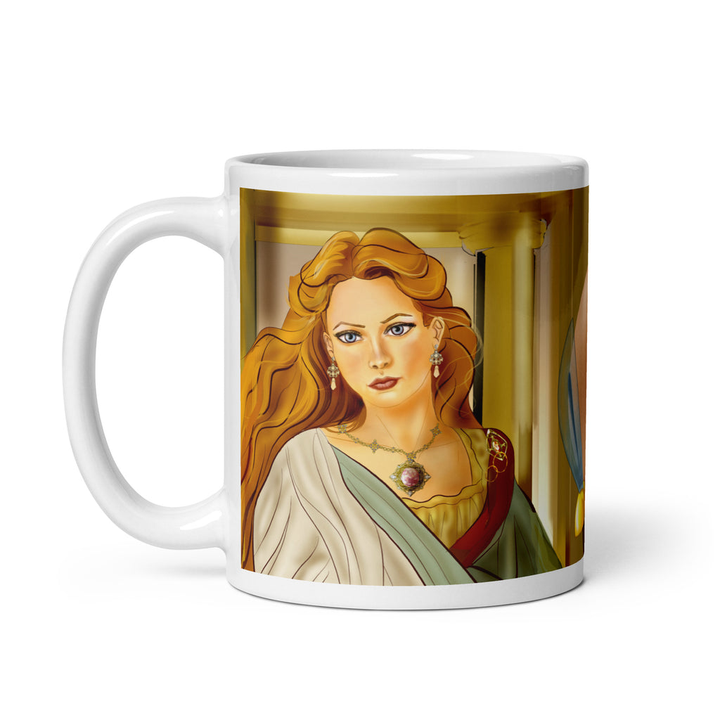 Premium white ceramic mug features Helen of Troy, the legendary beauty that launched 1000 ships that lead to the Trojan war. With her flowing golden hair, striking green eyes, elegant white dress with green sash, and purple gemstone necklace 11 - oz - left view