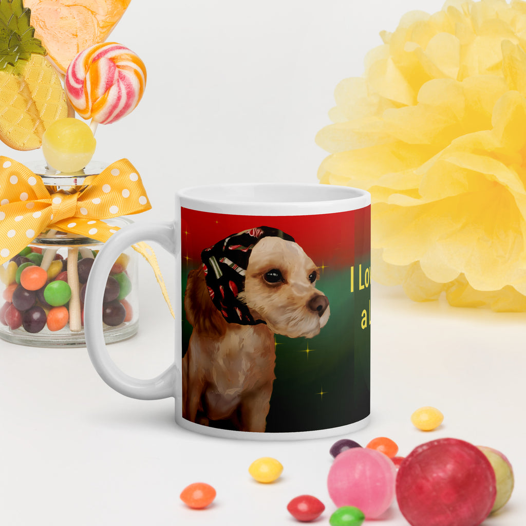 Adorable Premium white ceramic mug features the sweetest tan pup with big soulful brown eyes, wearing a festive black bandana decorated with Christmas motifs. Set against a beautiful red to green gradient background with sparkles - 11 - oz left view