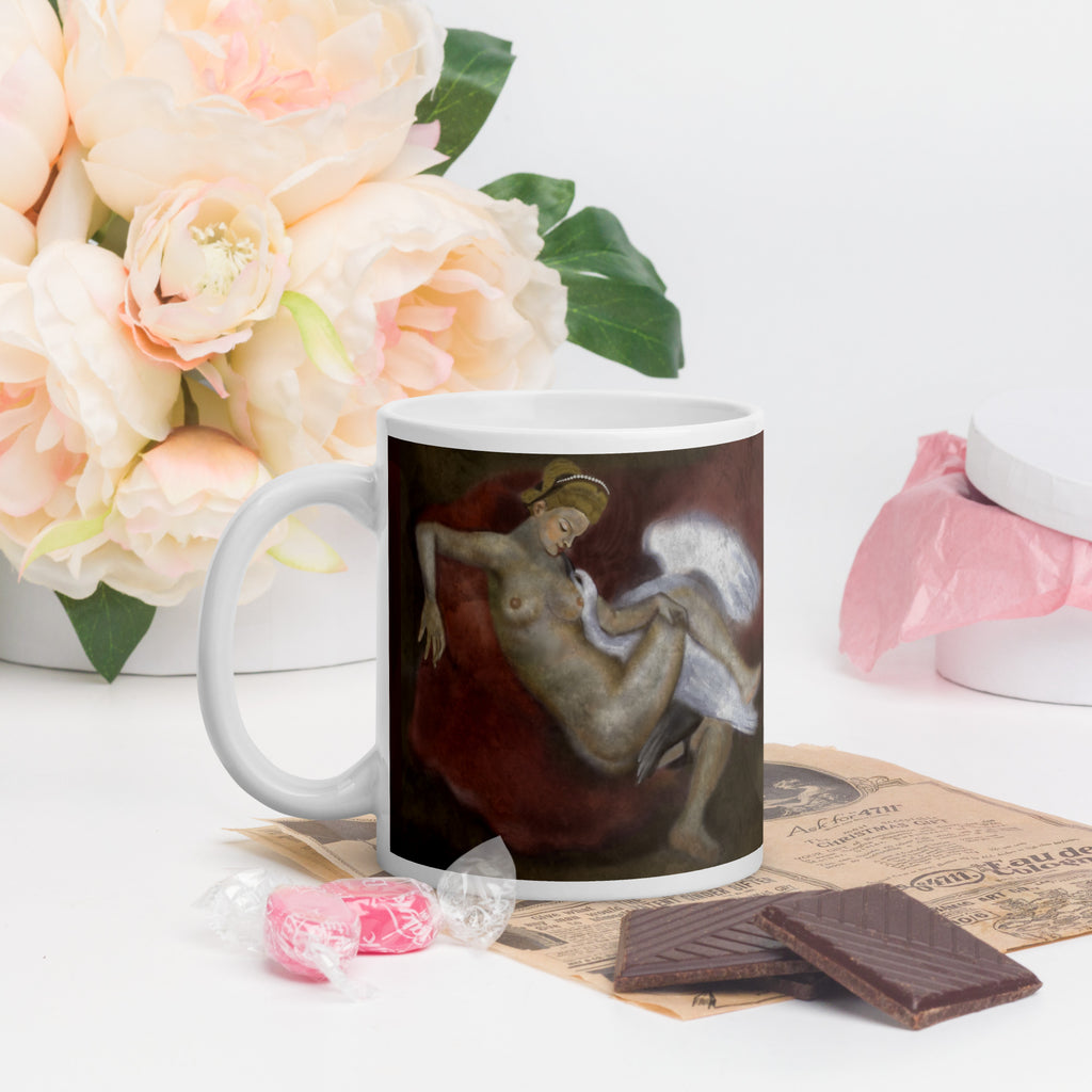 Stunning Premium white ceramic mug features a classical Renaissance-style painting of the mythological tale of Leda and the Swan. In Greek mythology, 11 - oz - left view