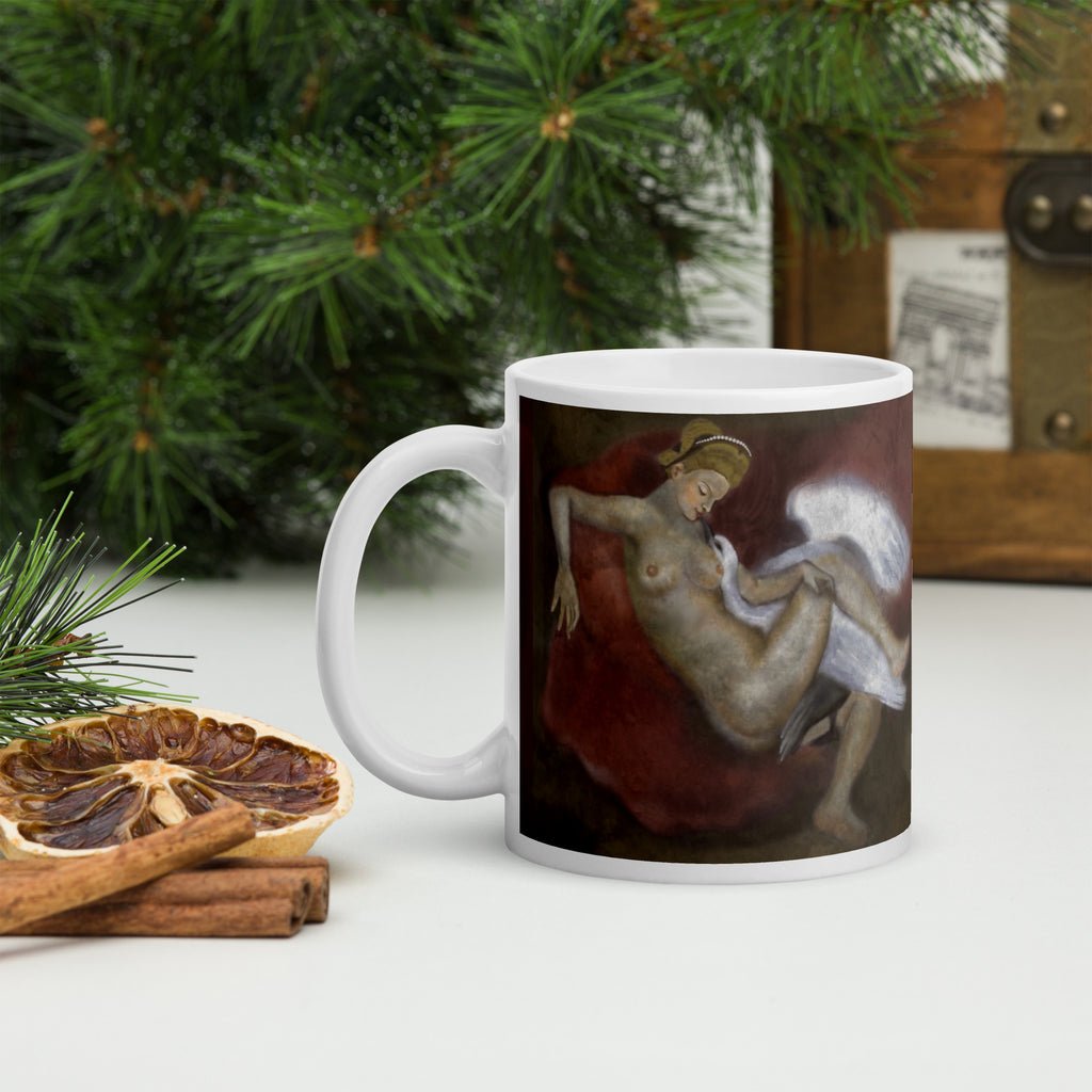 Stunning Premium white ceramic mug features a classical Renaissance-style painting of the mythological tale of Leda and the Swan. In Greek mythology, 11 - oz - left view