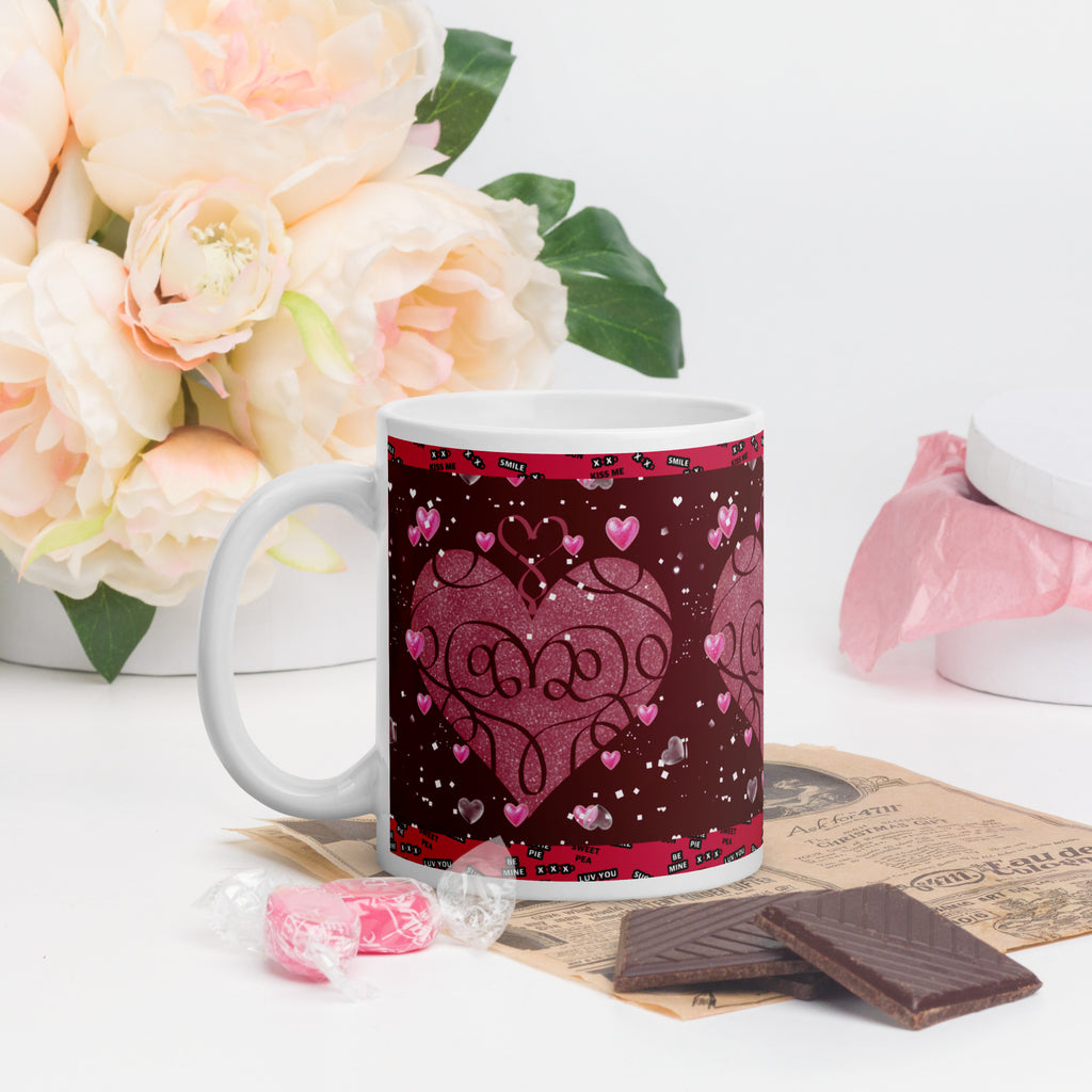 Premium white Sweet Talk Valentine Mug - Rich burgundy background with a pink heart in the center and floating smaller pink hearts all around. The border has love messages - 11 - oz - left view