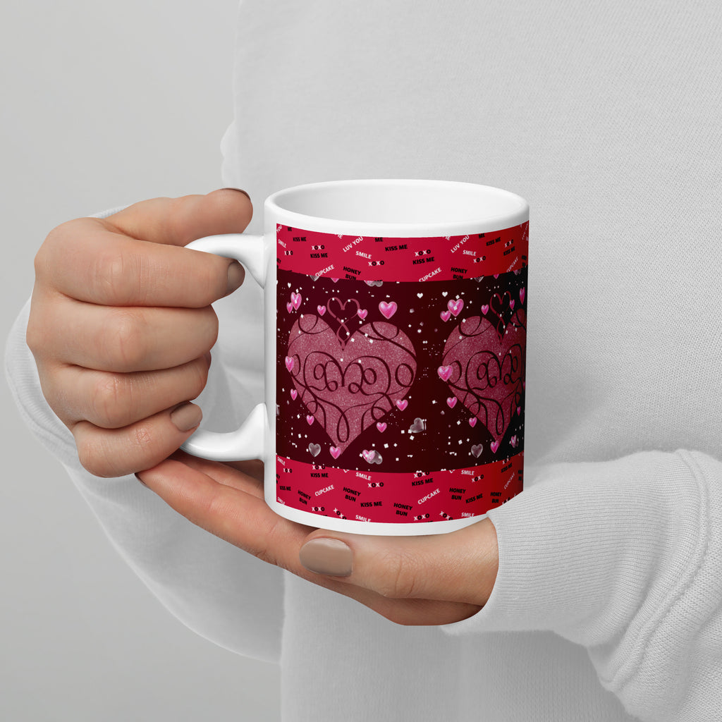 Premium white Sweet Talk Valentine Mug - Rich dark burgundy  background with a pink heart in the center and floating smaller pink hearts all around. The border has love messages 11- oz - left view