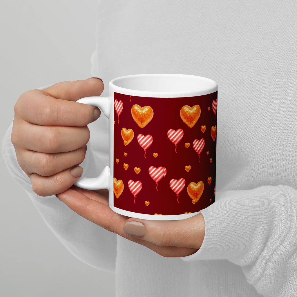 Premium Ceramic Beautiful heart balloons Valentine mug held in persons hand -with burgundy background! Watercolor hearts and striped heart balloons - perfect for romantic gifts and love celebrations - 11 oz - left view