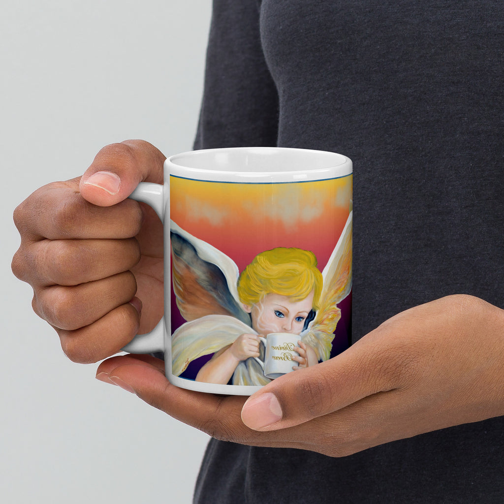 Beautiful Divine Brew Amorino angel premium ceramic mug with original oil painting! Classical Renaissance cherub with coffee - 11 - oz left view
