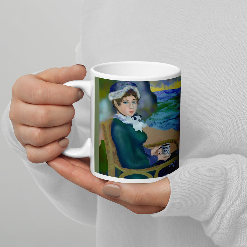 Stunning Resting Beach Face mug featuring Renoir's muse! Original Impressionist oil painting with beach vibes and coffee humor - perfect for art lovers! 11 -oz left view
