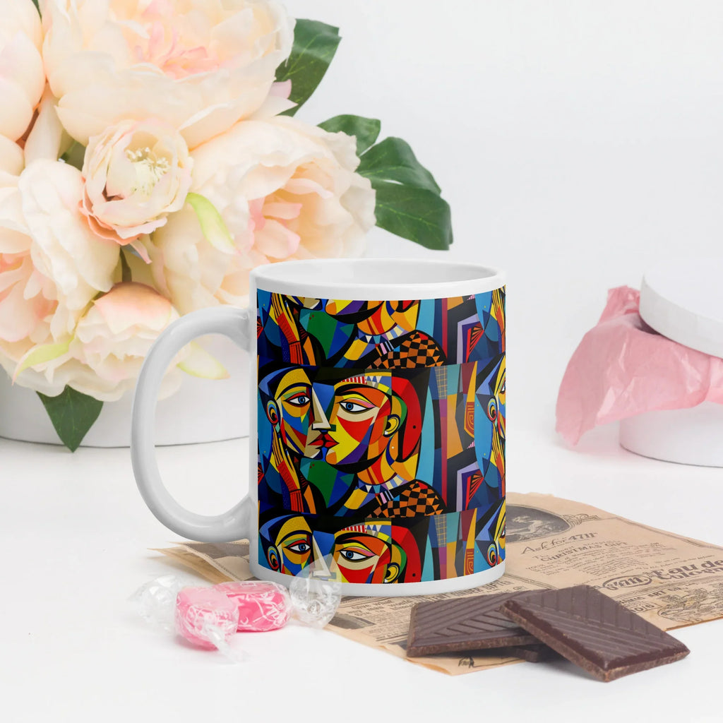 Ceramic mug with colorful abstract face pattern, next to flowers and chocolate on white table.