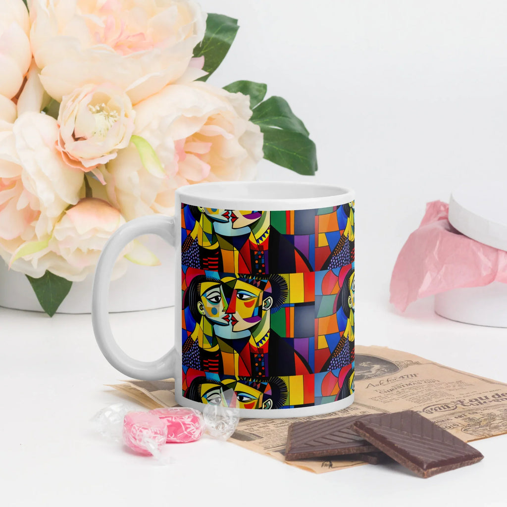 Colorful ceramic mug with abstract geometric face art, flowers and chocolate in background