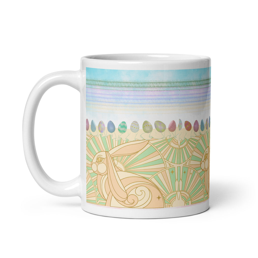 Premium white ceramic - Art Deco Easter bunny mug - Art Deco golden bunny with geometric sunburst pattern -Perfect blend of vintage Art Deco and spring Easter themes - 11 oz left view