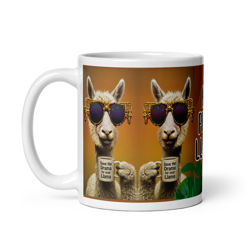 Premium white ceramic - No Prob-llama LLama mug with two Llamas sharing a cup of coffee wearing designer sunglasses - Save the drama for your llama - 11  oz left view