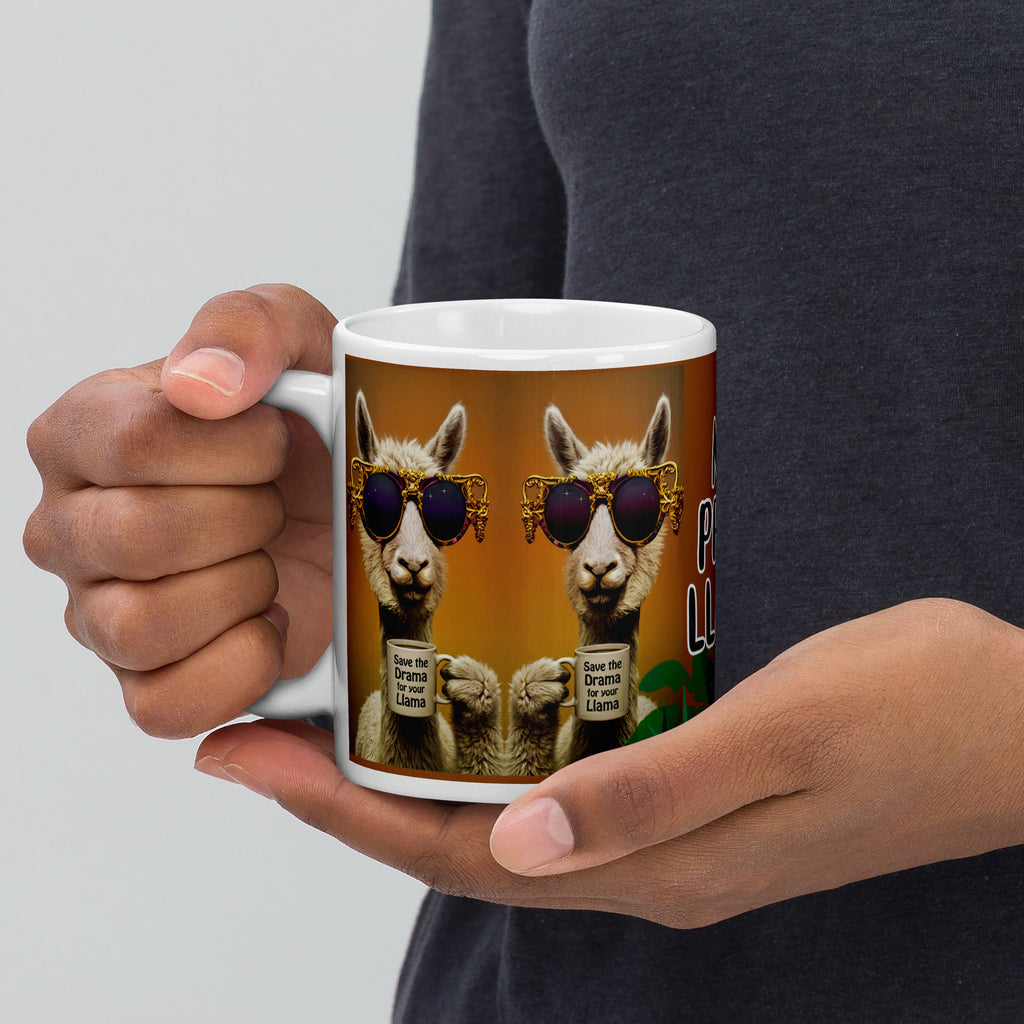 Premium white ceramic - No Prob-llama LLama mug with two Llamas sharing a cup of coffee wearing designer sunglasses with a sunny orange background 20 oz