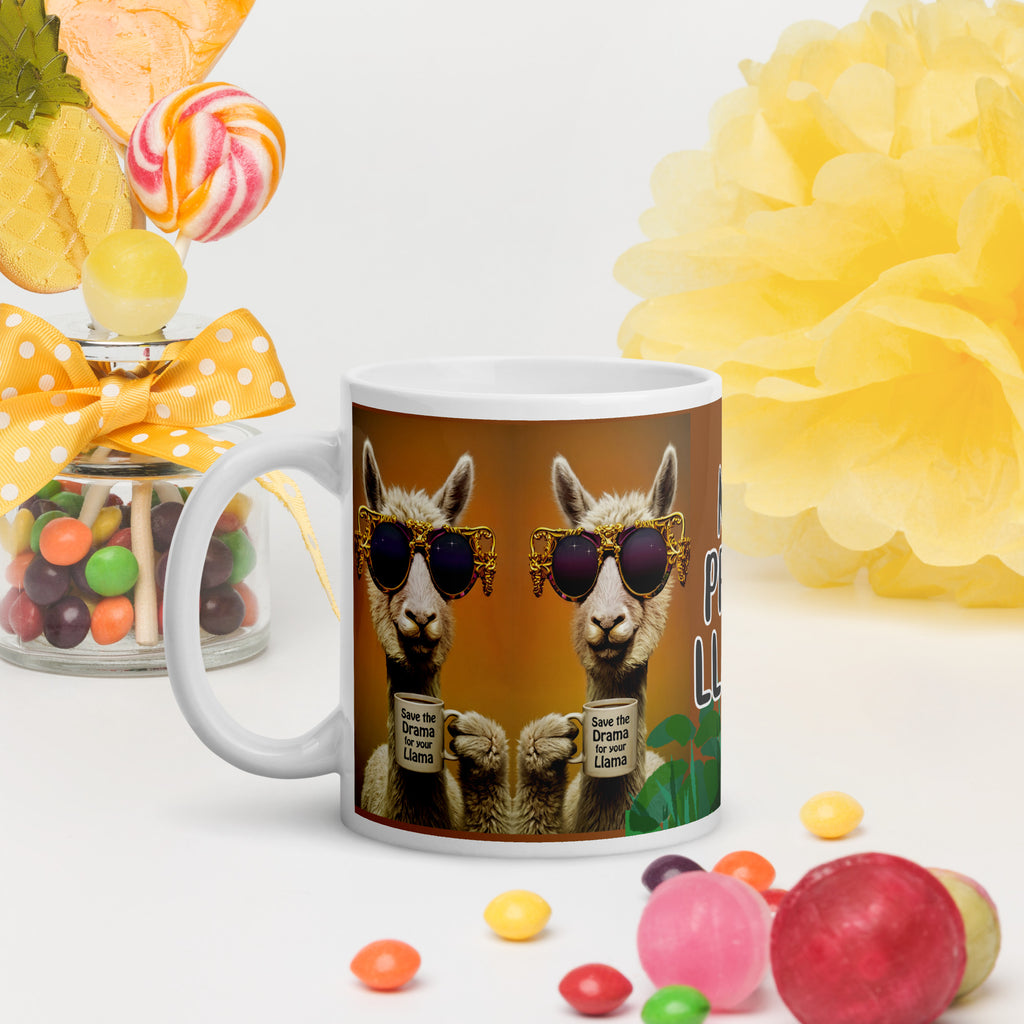 Premium white ceramic - No Prob-llama LLama mug with two Llamas sharing a cup of coffee wearing designer sunglasses with a sunny orange background 11 oz left view