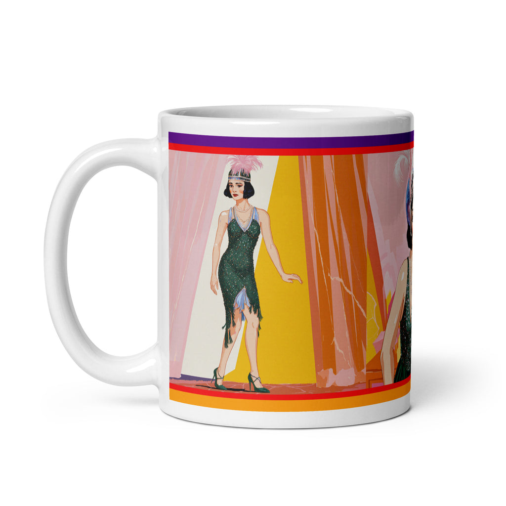 Premium white ceramic -1920's Flapper Mug -Ornate feathered headpiece and classic 1920s bob hairstyle -Elegant flapper in emerald green sequined gown -11 oz left view