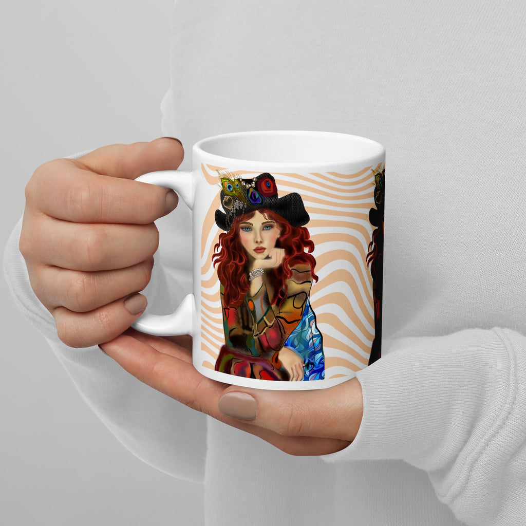 Premium White Ceramic -Steampunk Peacock Woman Mug - Whimsical Patchwork White Ceramic-11-oz-left
