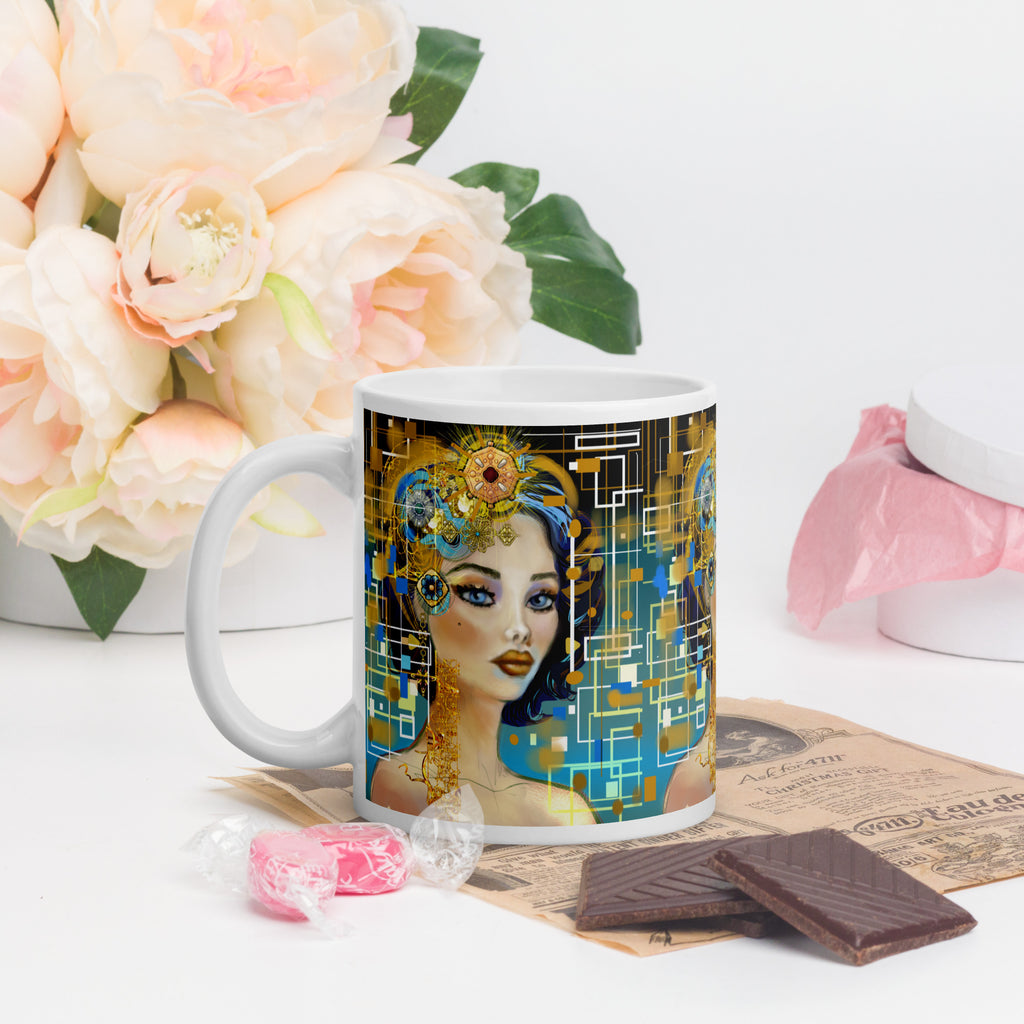 Steampunk Clockwork Woman Mug - Art Deco Futuristic White Ceramic Mug-11oz-left