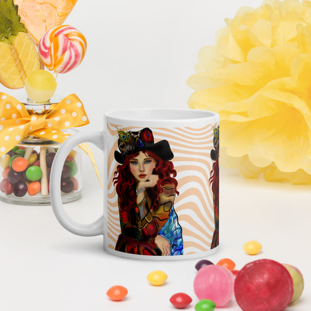 Premium White Ceramic -Steampunk Peacock Woman Mug - Whimsical Patchwork White Ceramic-11-oz-left