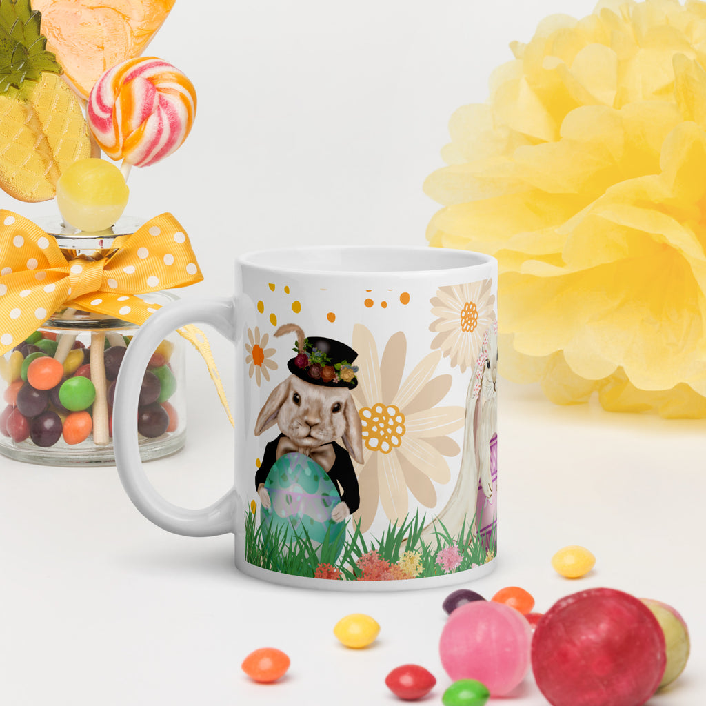 Easter Bunny Trio Premium ceramic Mug - Whimsical Spring Ceramic Gift - Dapper victorian bunny wearing a top hat and bowtie proudly holding a  turquoise easter  egg  on a floral water color style background-   painting  - 11 oz - left view