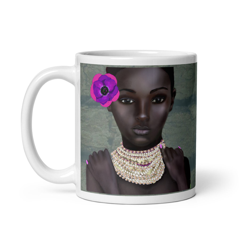Black History Month - Premium white ceramic mug featuring portrait of Black woman with purple flower, pearls and pink nails 11-oz left view