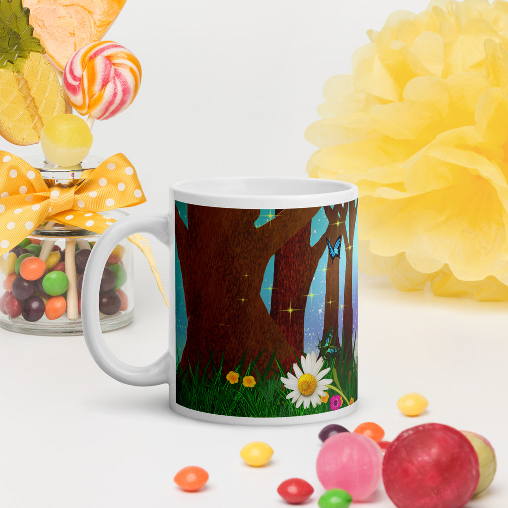 Magical Forest Bunny Mug - Enchanted Easter Bunny with Flower Crown sitting in the grass surrounded  magical trees. flowers and delicate butterflies -11-oz-left view