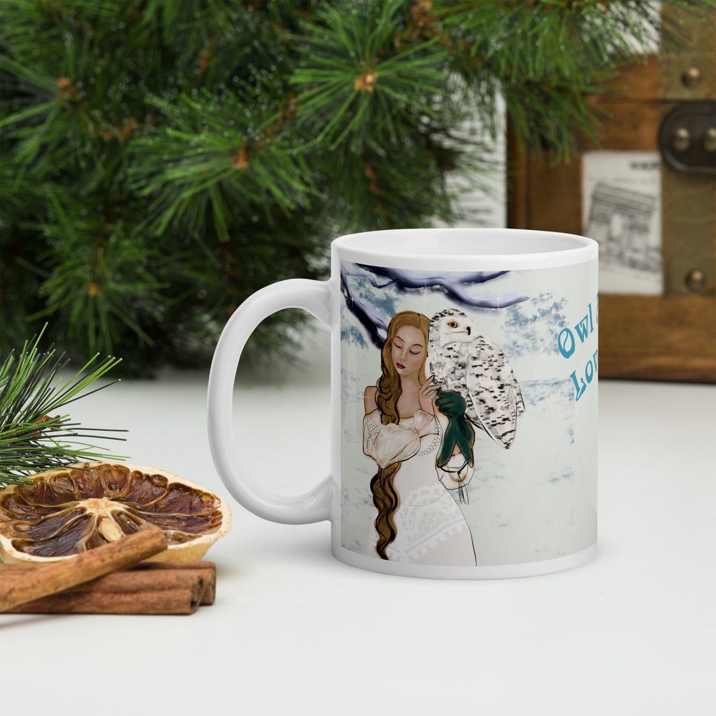 Enchanting Premium white ceramic mug features a beautiful woman with a majestic snowy owl in a magical winter wonderland. With the heartwarming message "Owl Always Love You," this design celebrates love, nature, and the magic of winter - 11 - oz left view