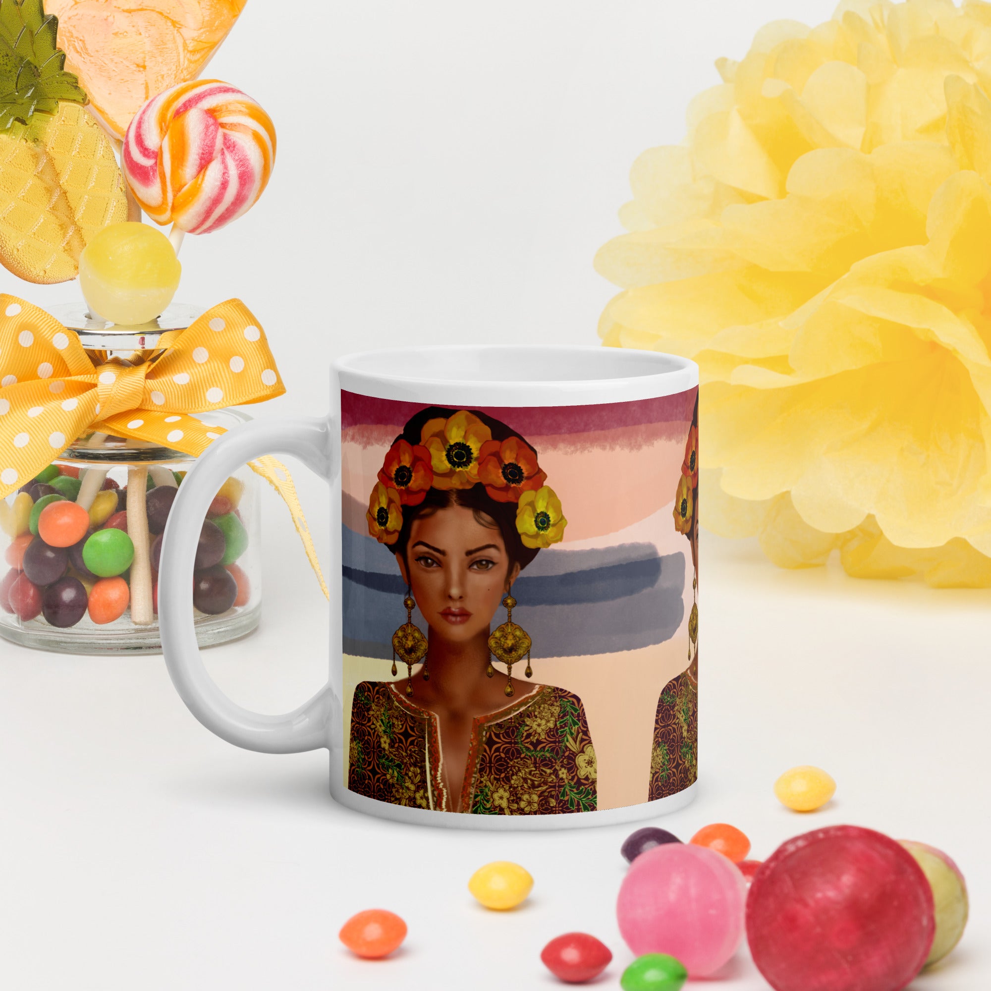 Premium white ceramic -Frida Kahlo Inspired Floral Crown Mug - Artistic Ceramic Coffee Mug- white-11-oz-left