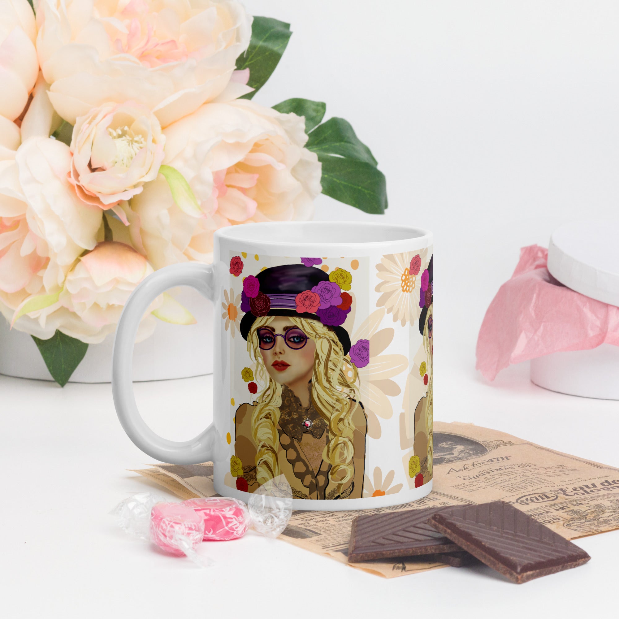Premium White Ceramic -Bohemian Chic Flower Hat Mug - Stylish Woman White Ceramic Mug-11-oz-left
