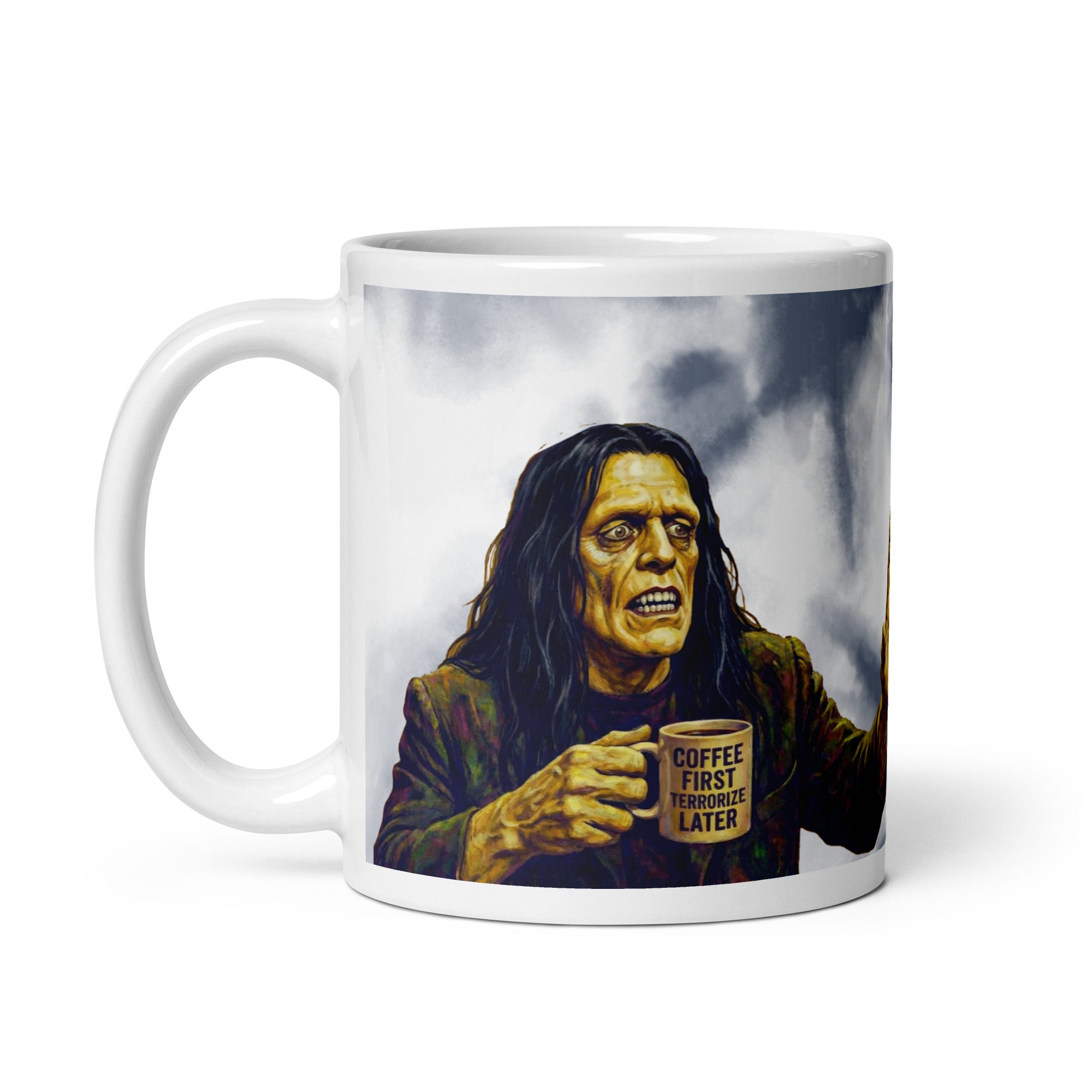 Premium white ceramic -Frankenstein & Bride Coffee Mug - Made for Each Other, Mostly for Coffee - shows Frankenstein's monster fearful holding a mug that has " Coffee First...Terrorize Later" 11 oz left view