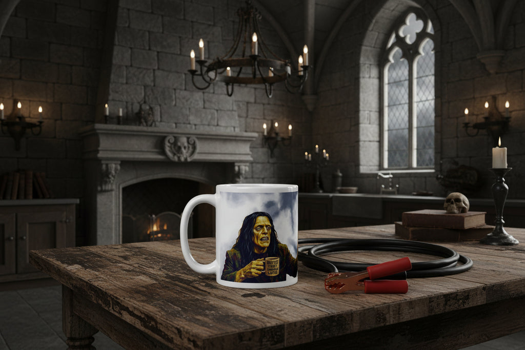 Premium white ceramic -Brew-kenstein & Bride Coffee Mug - Made for Each Other, Mostly for Coffee - shows Brew-kenstein monster fearful holding a mug that has " Coffee First...Terrorize Later" 11 oz left view