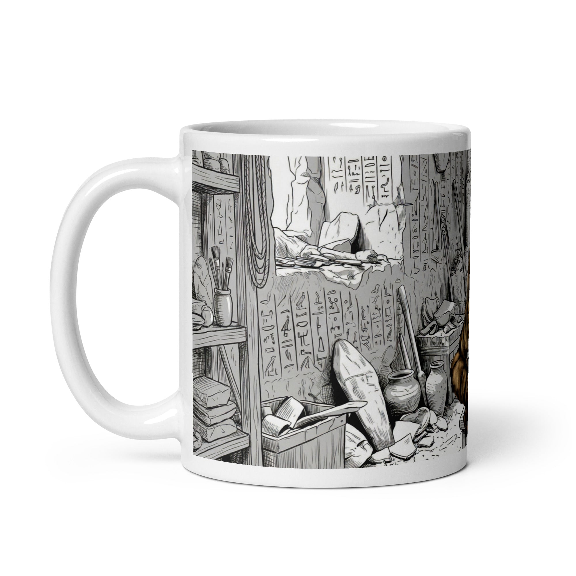 Premium white ceramic coffee mug -Additional tomb scene with hieroglyphic walls, urns, scrolls, and archaeological details 11 oz left view