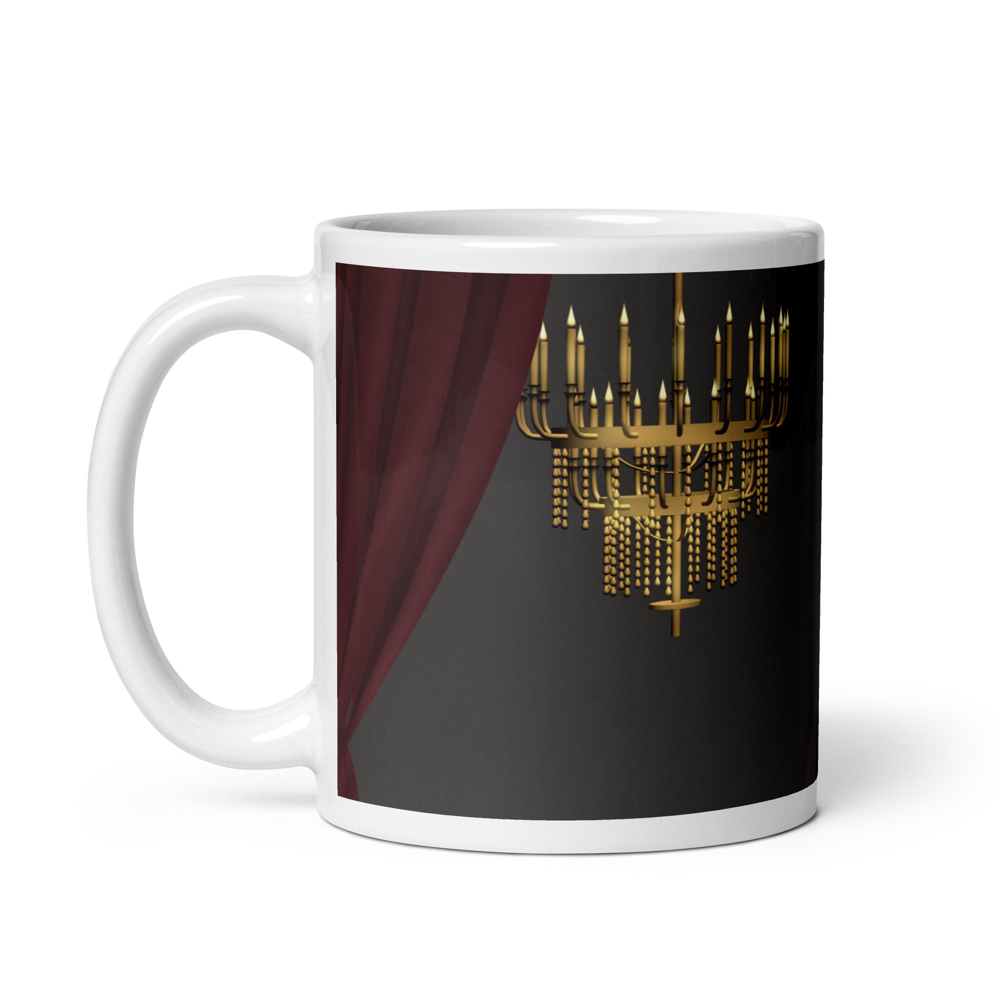 Premium white ceramic - Past the point of No refill - Coffee mug  Dramatic chandelier scene with candlelight, red velvet curtains and opera house ambiance - 11 oz - left view on white background