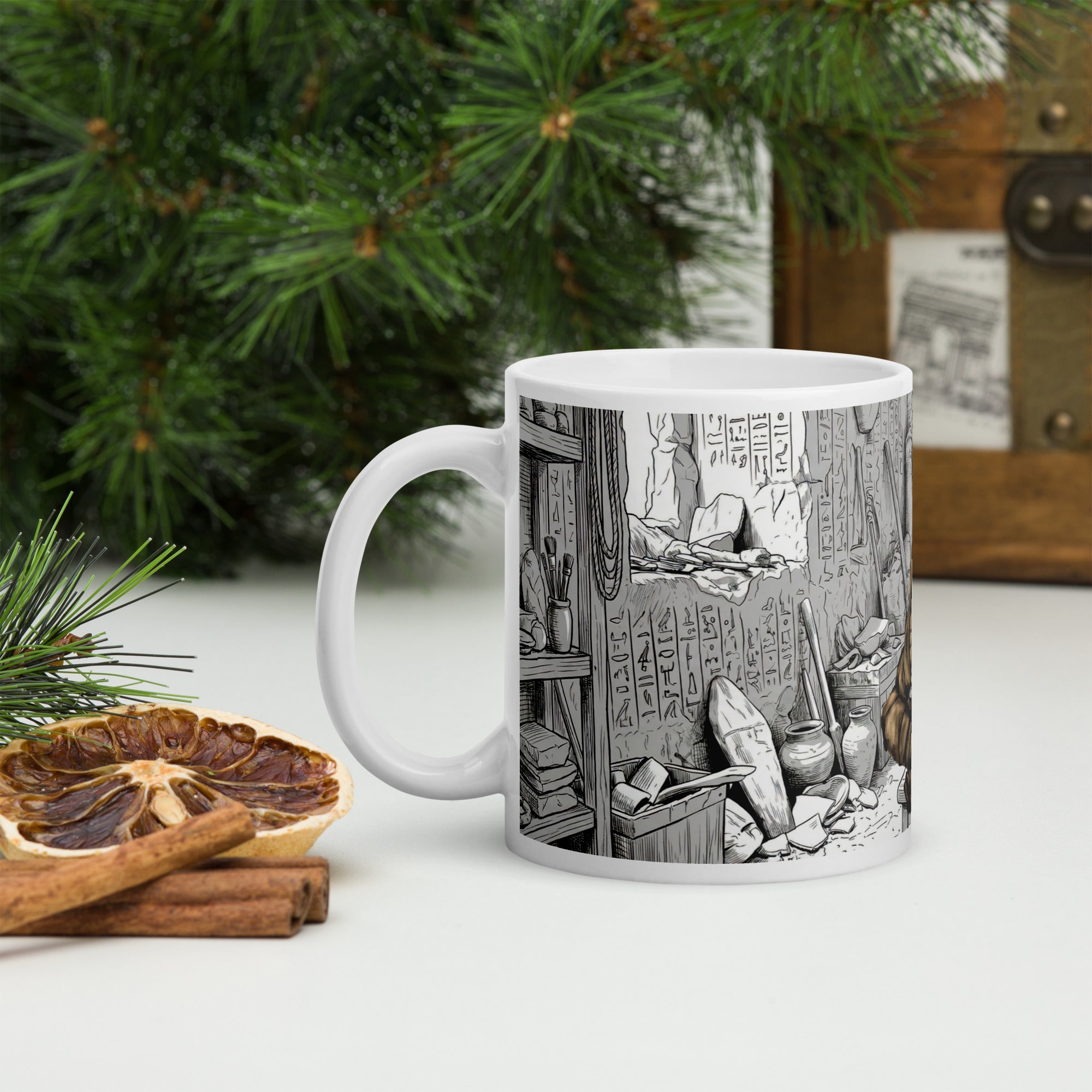 Premium white ceramic coffee mug -Additional tomb scene with hieroglyphic walls, urns, scrolls, and archaeological details 11 oz left view