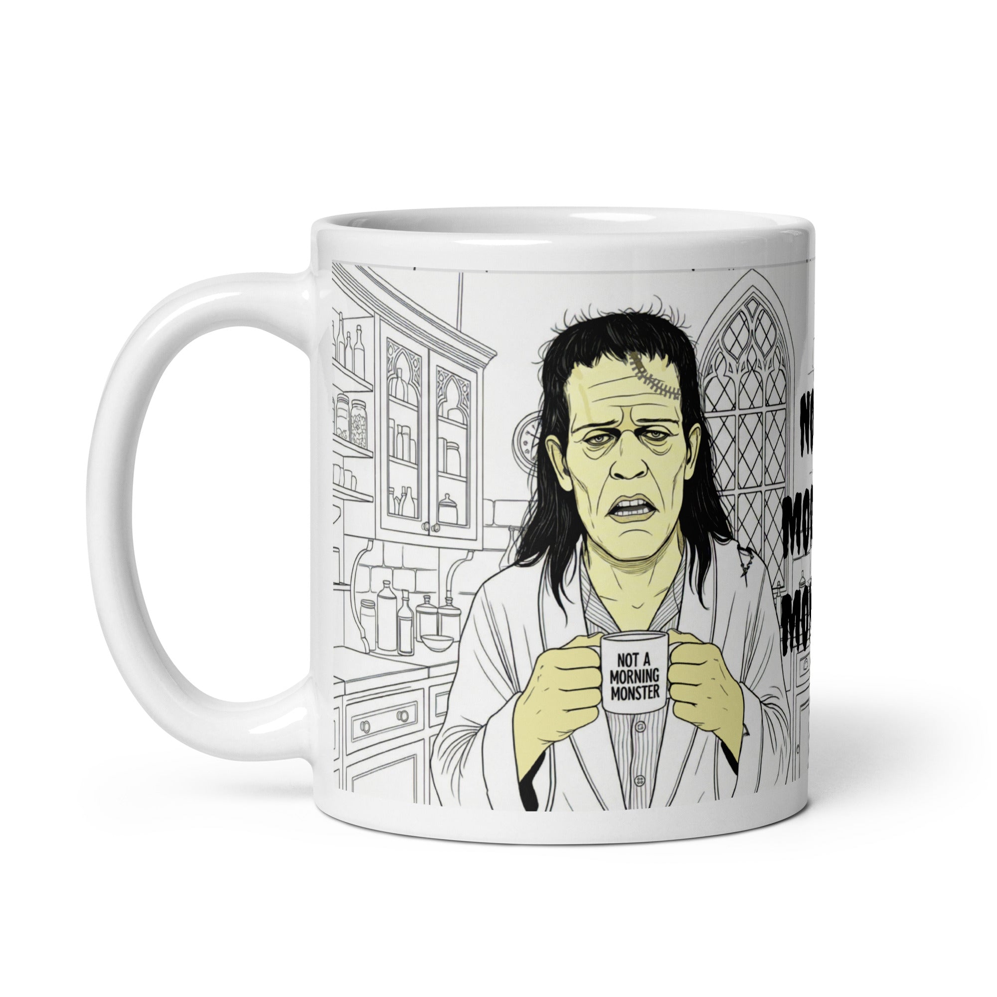 Not a Morning Monster Mug - Brew-kenstein Coffee Gothic | Brew Crew — Premium white ceramic mug with Brew-kenstein in bathrobe in his gothic kitchen. 11oz - left

