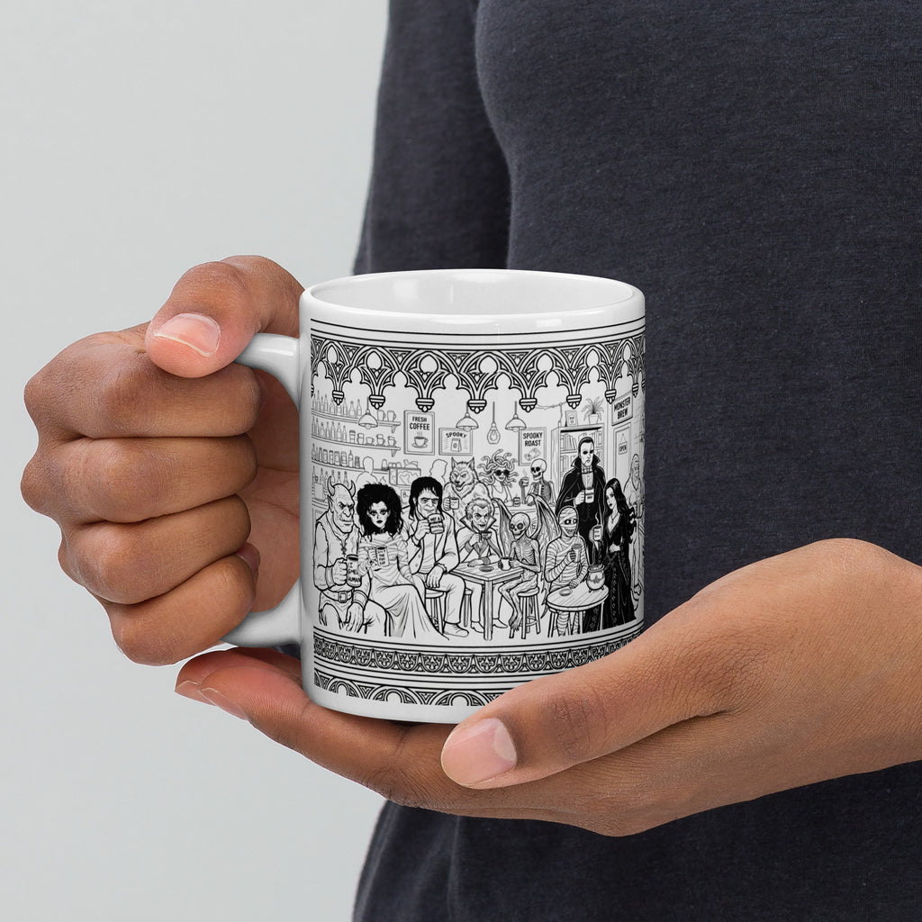Premium glossy white ceramic - At the Monster Café - 13 monsters having coffee and mingling - 11 oz left view