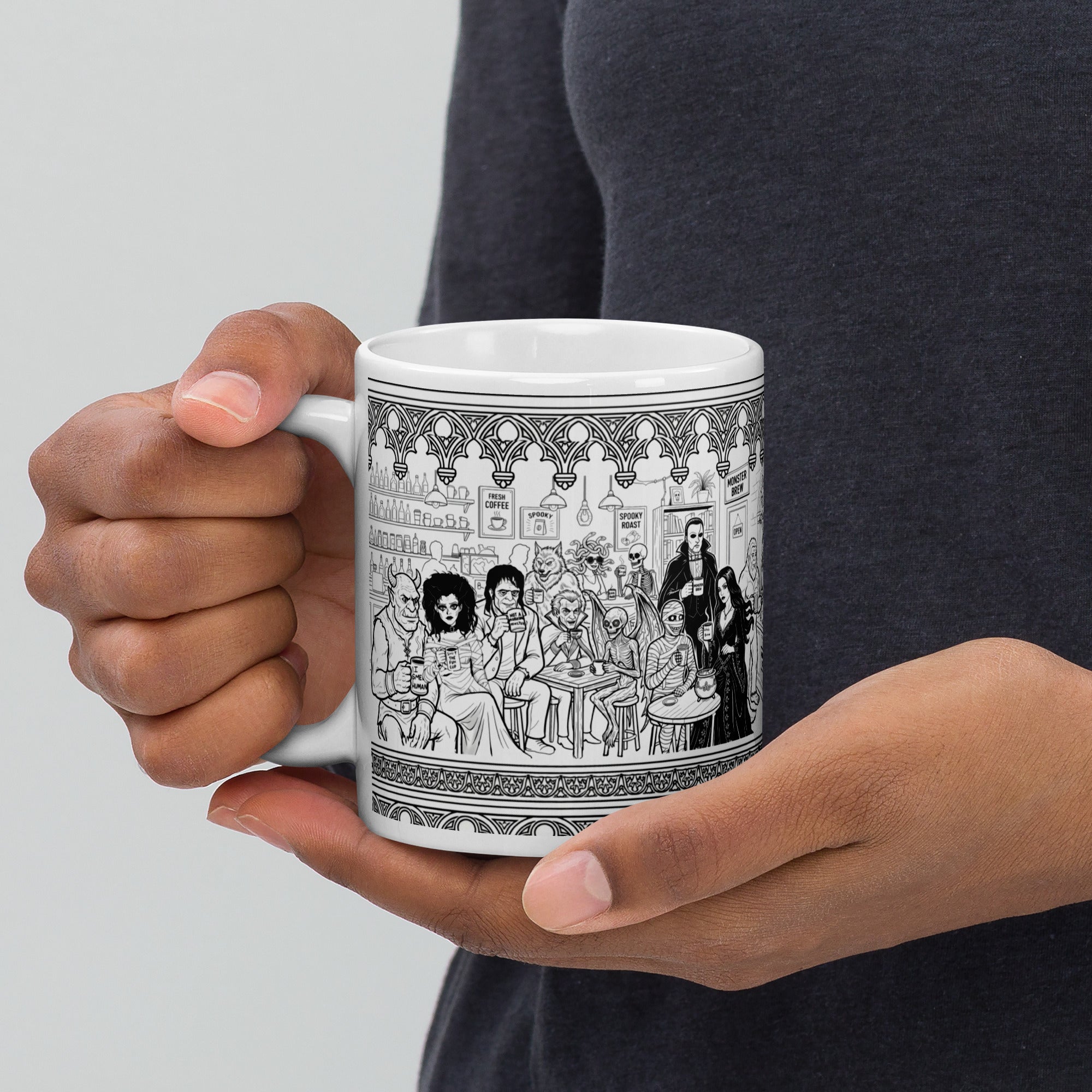 Premium glossy white ceramic - At the Monster Café - 13 monsters having coffee and mingling - 11 oz left view