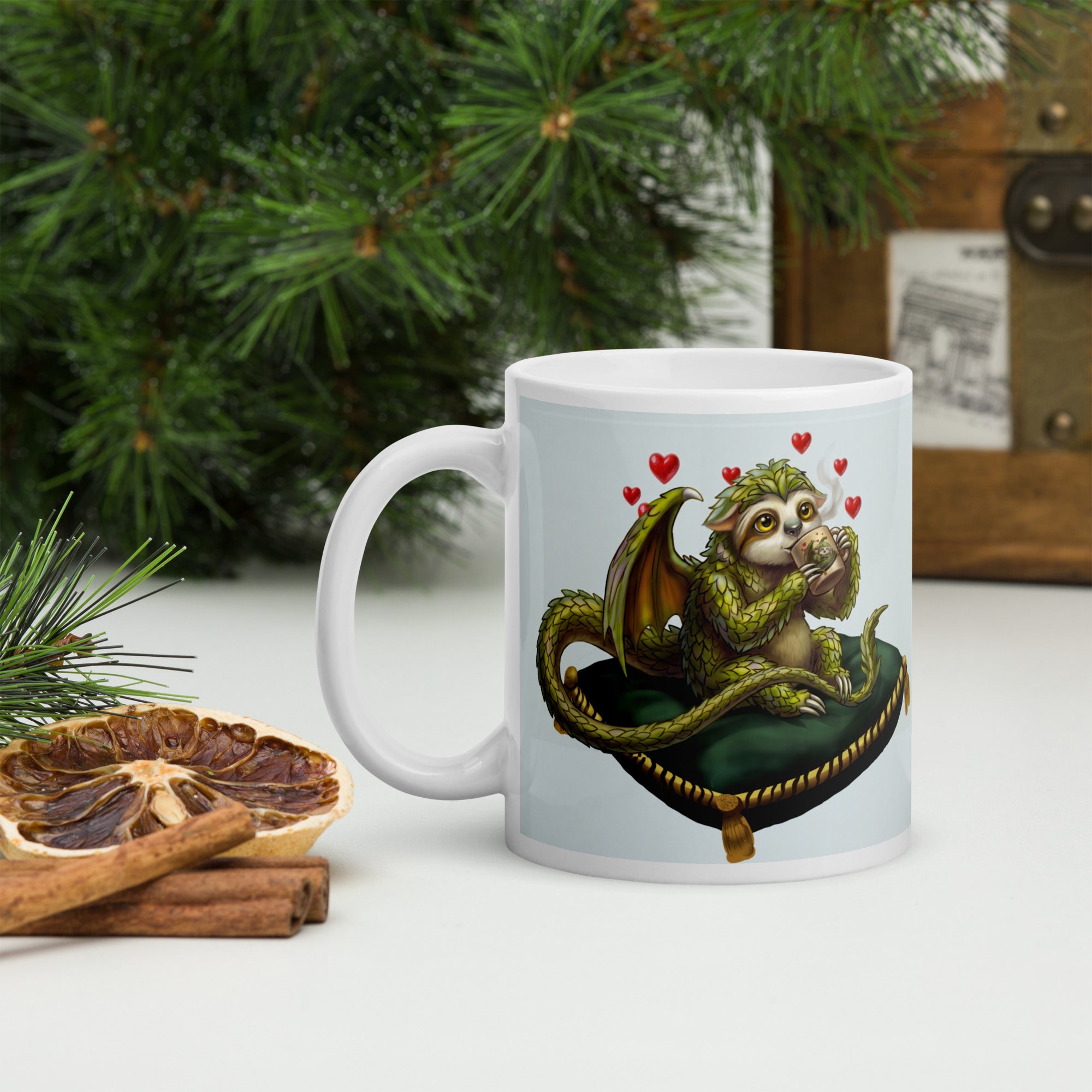 Sleepy Sloth Dragon mug — awake dragon holding coffee cup with hearts, gothic fantasy ceramic mug - 11 oz left view - tree and spices