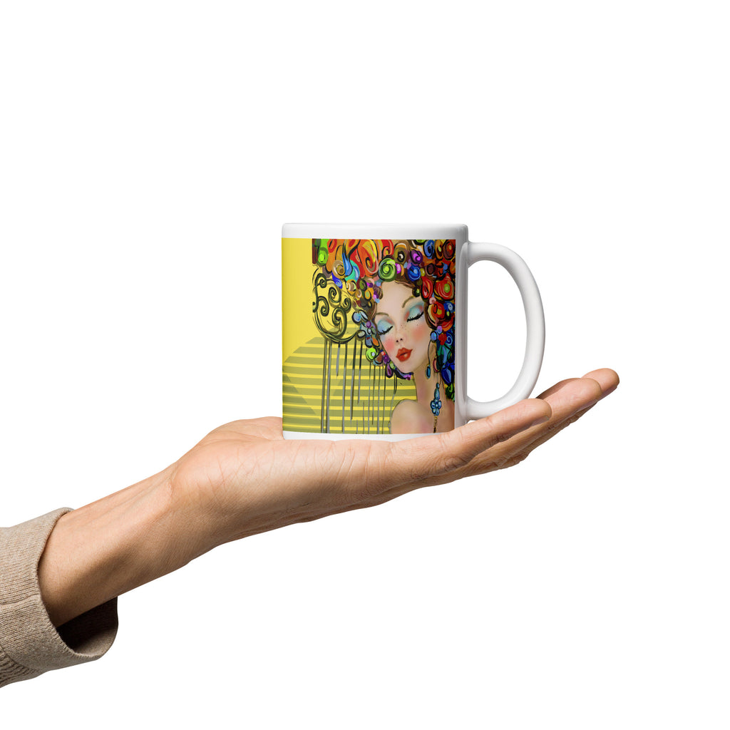 Art Deco Rainbow Swirl Woman Mug - Klimt Inspired White Ceramic Mug-11-oz-right
