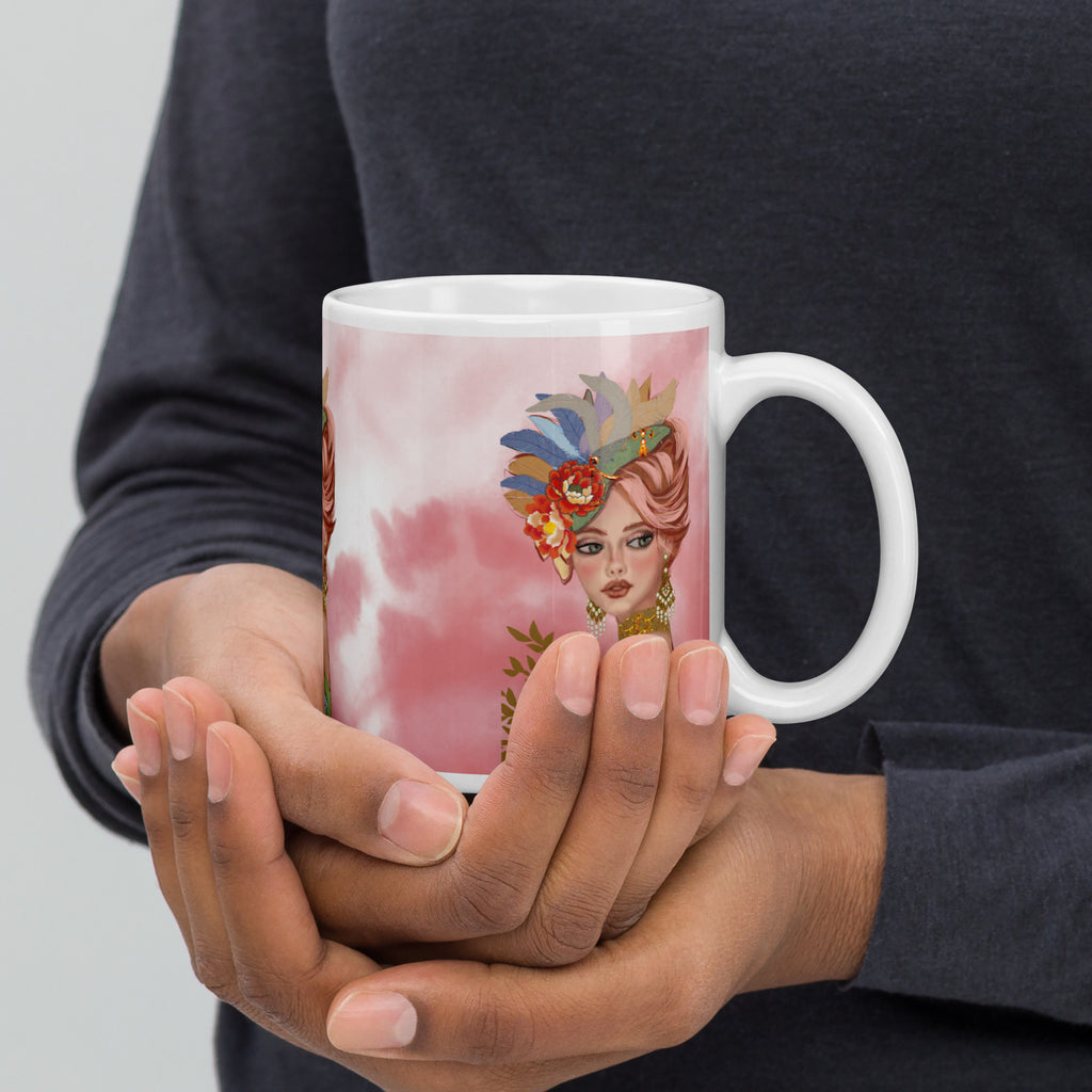 Tropical Glamour Flower Woman Mug - Elegant Pink Hair White Ceramic Mug-11-oz-right