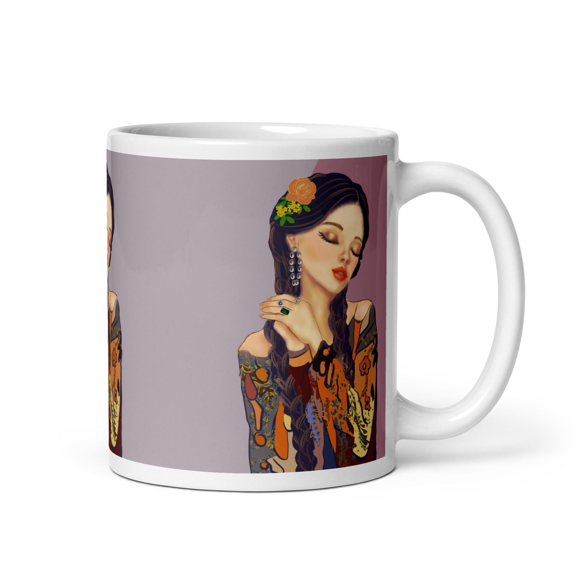 Vintage Pin-Up Woman Mug - Colorful Patterned Blouse White Ceramic Mug-11-oz-right