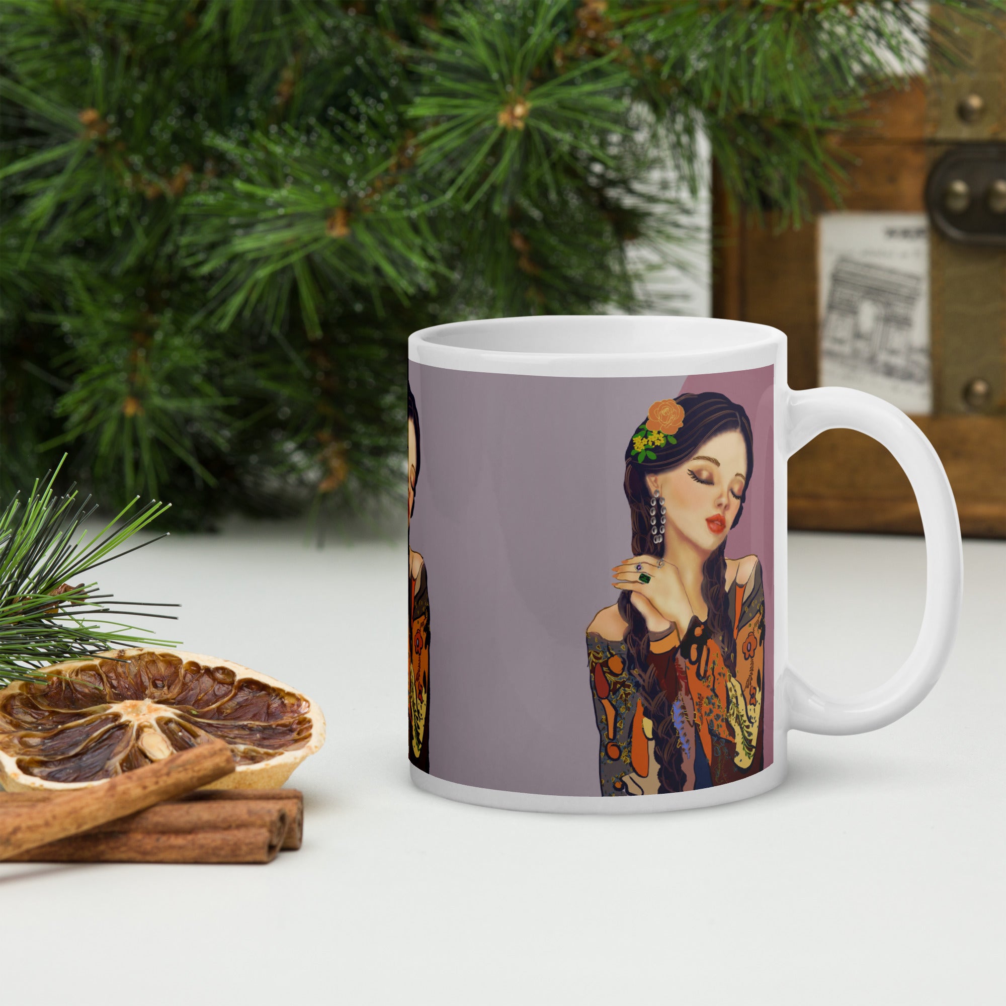 Vintage Pin-Up Woman Mug - Colorful Patterned Blouse White Ceramic Mug-11-oz-right