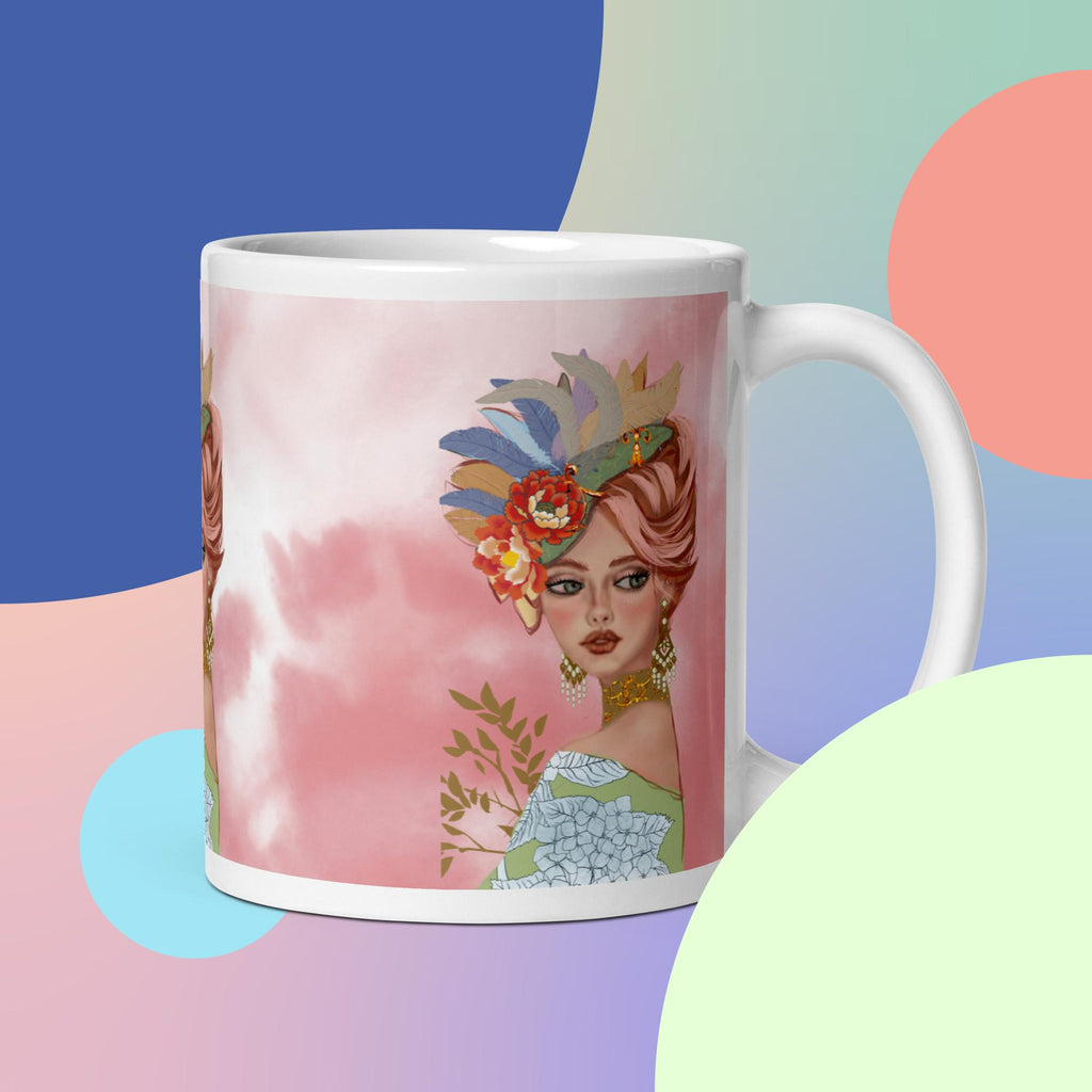 Tropical Glamour Flower Woman Mug - Elegant Pink Hair White Ceramic Mug-11-oz-right