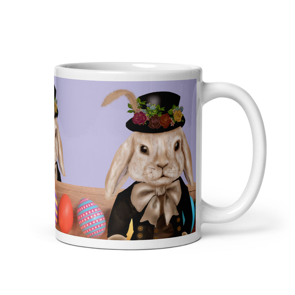 Dapper Bunny Easter Mug with Victorian rabbit in top hat and bow tie on lavender background with colorful Easter eggs - 11 oz ceramic coffee mug-right view
