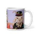 Dapper Bunny Easter Mug with Victorian rabbit in top hat and bow tie on lavender background with colorful Easter eggs - 11 oz ceramic coffee mug-right view