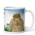 Spring Bunny Lady Mug Easter Coffee Mug with charming spring bunny adorned with a delicate flower crown hat in field of grass, light blue sky and Easter eggs. Customize with text in all sizes - 11 oz - right view