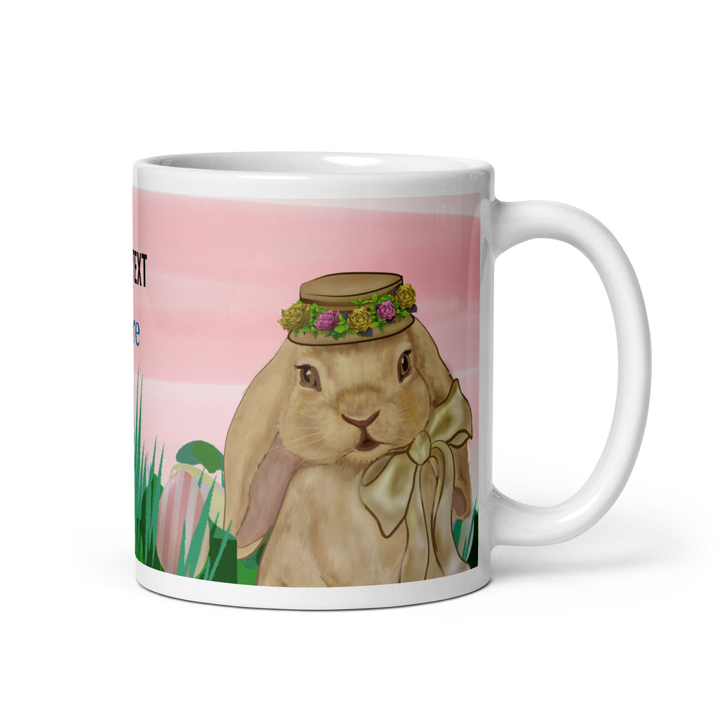 Spring Bunny Lady Mug Easter Coffee Mug with charming spring bunny adorned with a delicate flower crown hat in field of grass, pink sky and Easter eggs. Customize with text in all sizes - 11 oz - right view