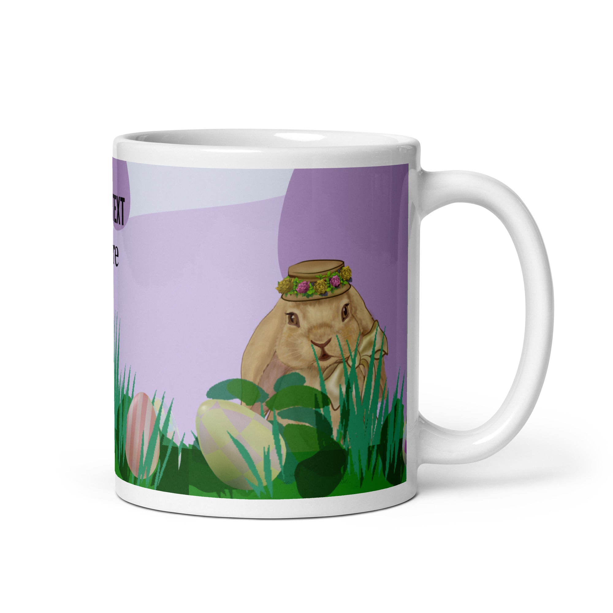 Spring Bunny Lady Mug Easter Coffee Mug with charming spring bunny adorned with a delicate flower crown hat in field of grass, lavender pattern background and Easter eggs. Customize with text in all sizes - 11 oz - right view
