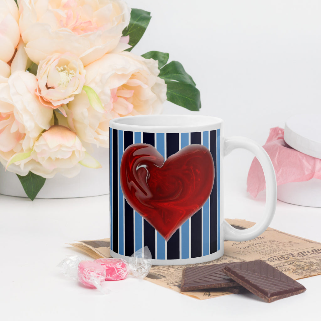 Bear Hug Valentine's Day Mug - Romantic Winter Love Heart Gift- Premium white ceramic mug-Light and Dark blue stripe pattern with red swirled heart in center -11 oz right view