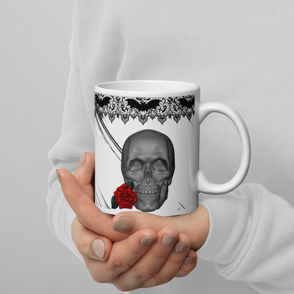 Shut the Fuh Cup Mug - Bride of Frankenstein Coffee Gothic | Brew Crew- Premium white ceramic mug -Skull with red rose and gothic bat lace on top rim
 11 oz -right view