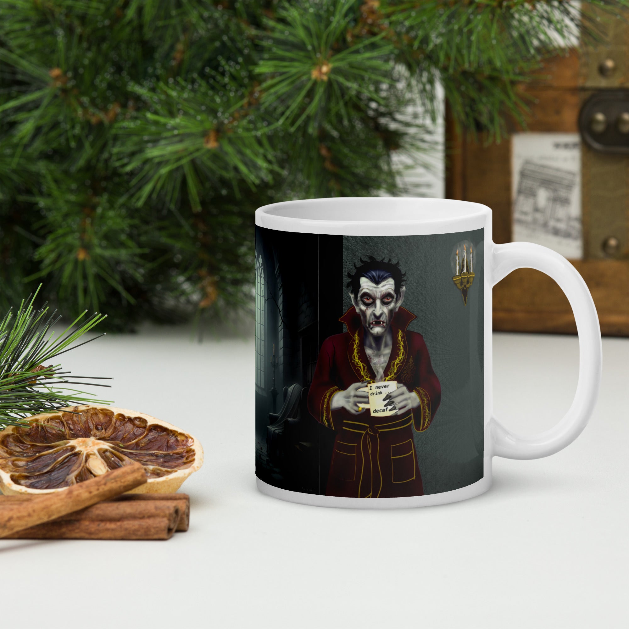 Dracula Coffee Mug - I Have Crossed Oceans of Time to Find a Barista- Premium white ceramic mug with Dracula standing in his castle wearing burgundy bathrobe with gold trim - a candelabra on the wall- he is holding a coffee mug with text " I never drink......decaf" - 11 oz right view on table with plants