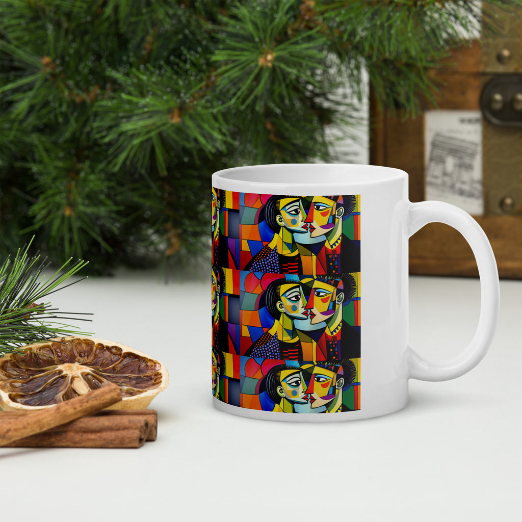 Abstract Kiss Ceramic Mug 2 - Romantic Abstract Art Ceramic Mug -colorful pattern with couple kissing-11-oz - right view