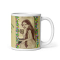 Beautiful Premium white ceramic mug features a vintage sepia-toned woman with flowing hair, holding an ornate decorative mug, framed by colorful floral garlands. With the empowering message "You are Enough Exactly as You are" -11 - oz right view