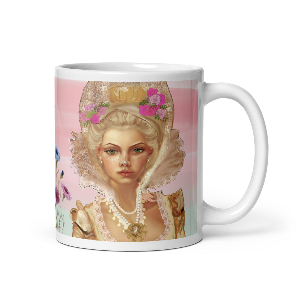 Stunning Premium white ceramic mug features the iconic French queen Marie Antoinette with her elaborate updo hairstyle, ornate golden crown adorned with pink flowers, magnificent white lace Elizabethan collar, and pearl necklaces. Surrounded by her beloved cornflowers (bleuets) and a delicate purple butterfly - 11 - oz  right view